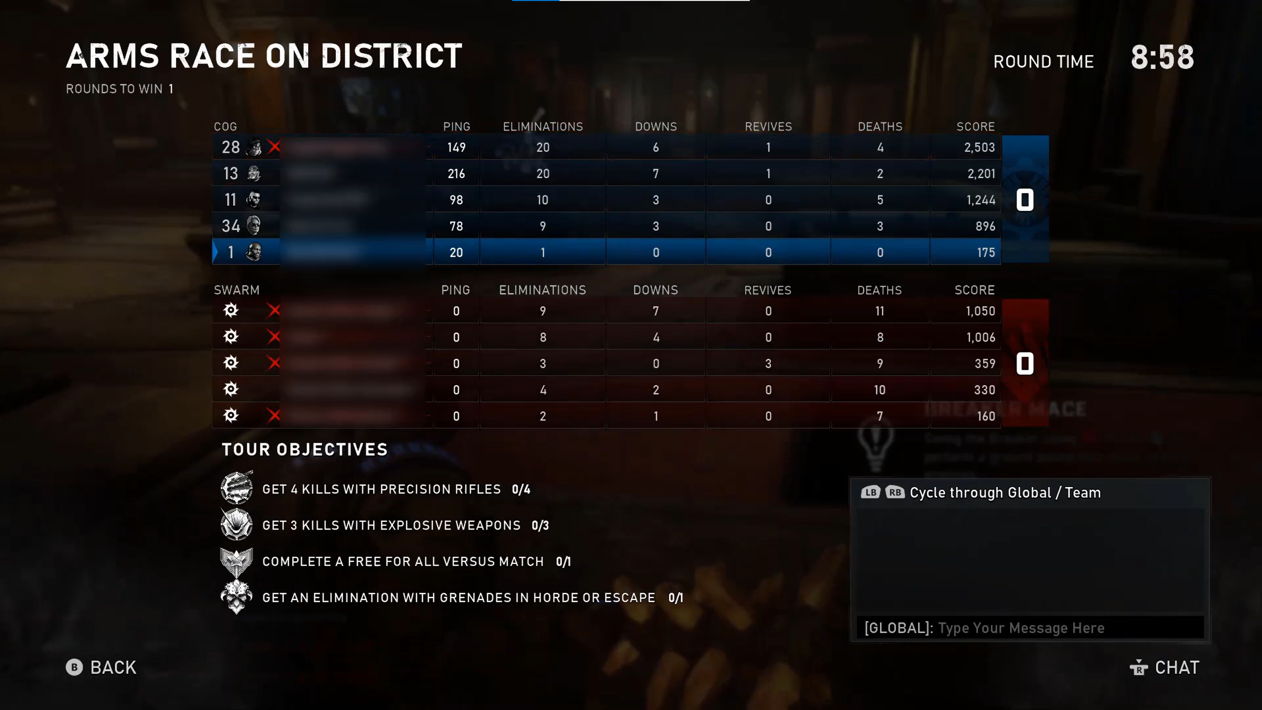 A screenshot from Gears 5 that shows round information from a multiplayer match. Information displayed includes player names, ping, eliminations, downs, revives, deaths, and score. A chat window appears on the lower-right corner of the screen.