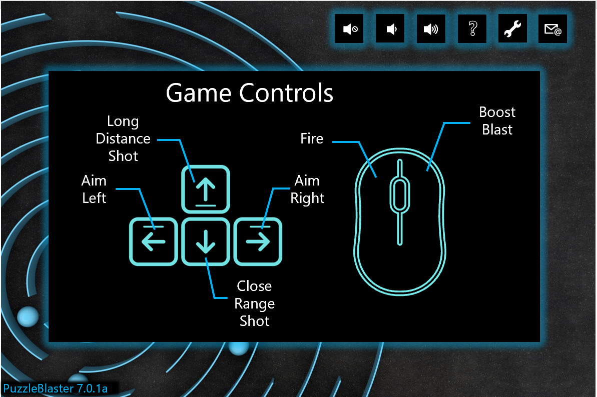 The game controls menu in a fake game called PuzzleBlaster. A diagram of the arrow keys and mouse are labeled with their in-game functionality.
