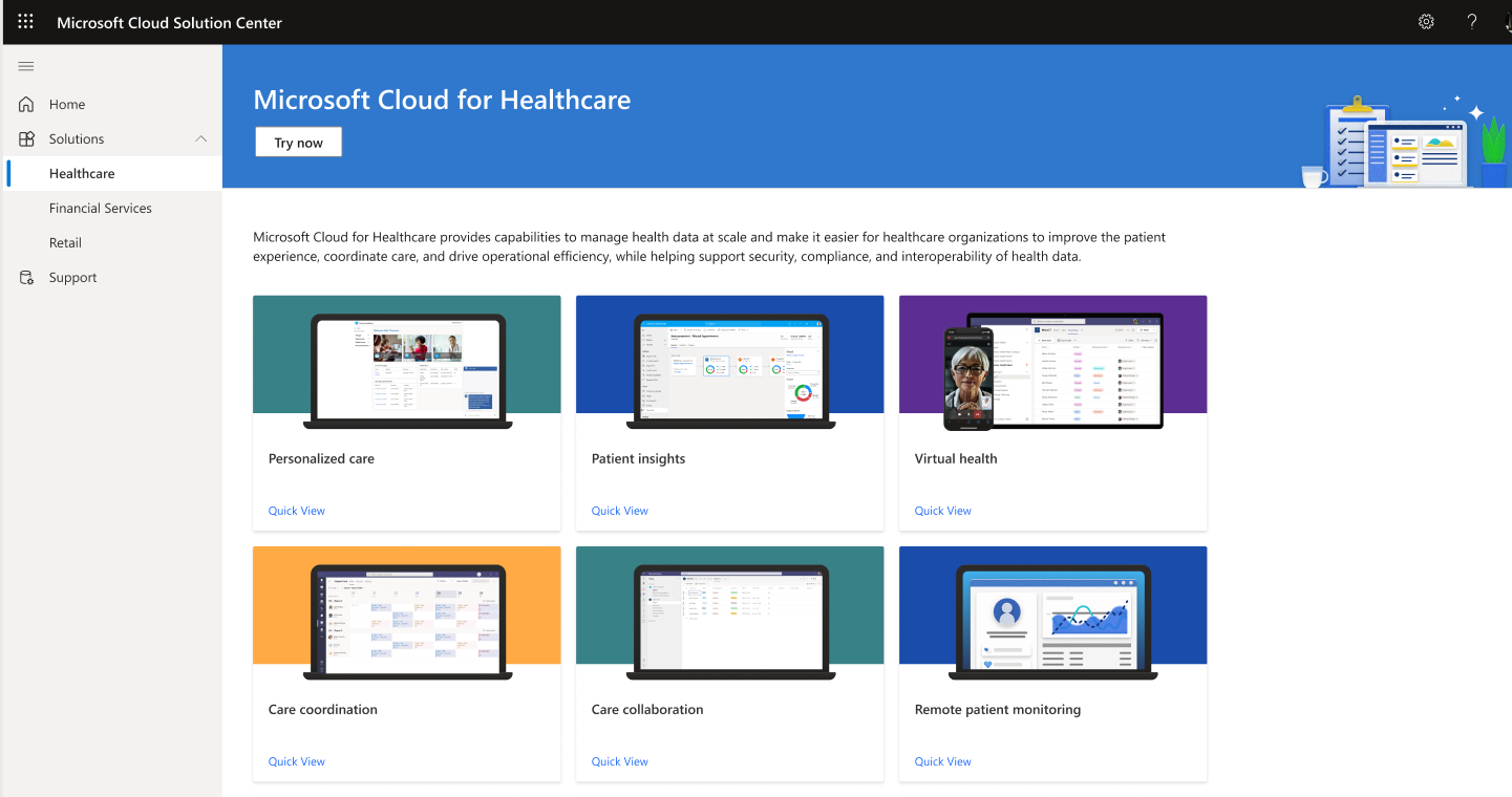 Skærmbillede af Microsoft Cloud for Healthcare-siden.