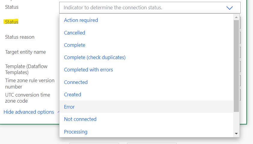 Skærmbillede, der viser, hvordan du angiver feltet Status for forbindelsespost til Fejl i et Power Automate flow.