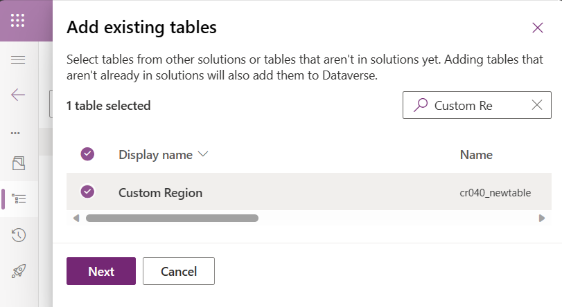 Skærmbillede af tilføjelse af tabel med brugerdefineret område til den nye løsning.