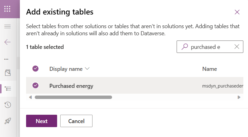 Skærmbillede af tilføjelse af tabel med købt energi til den nye løsning.