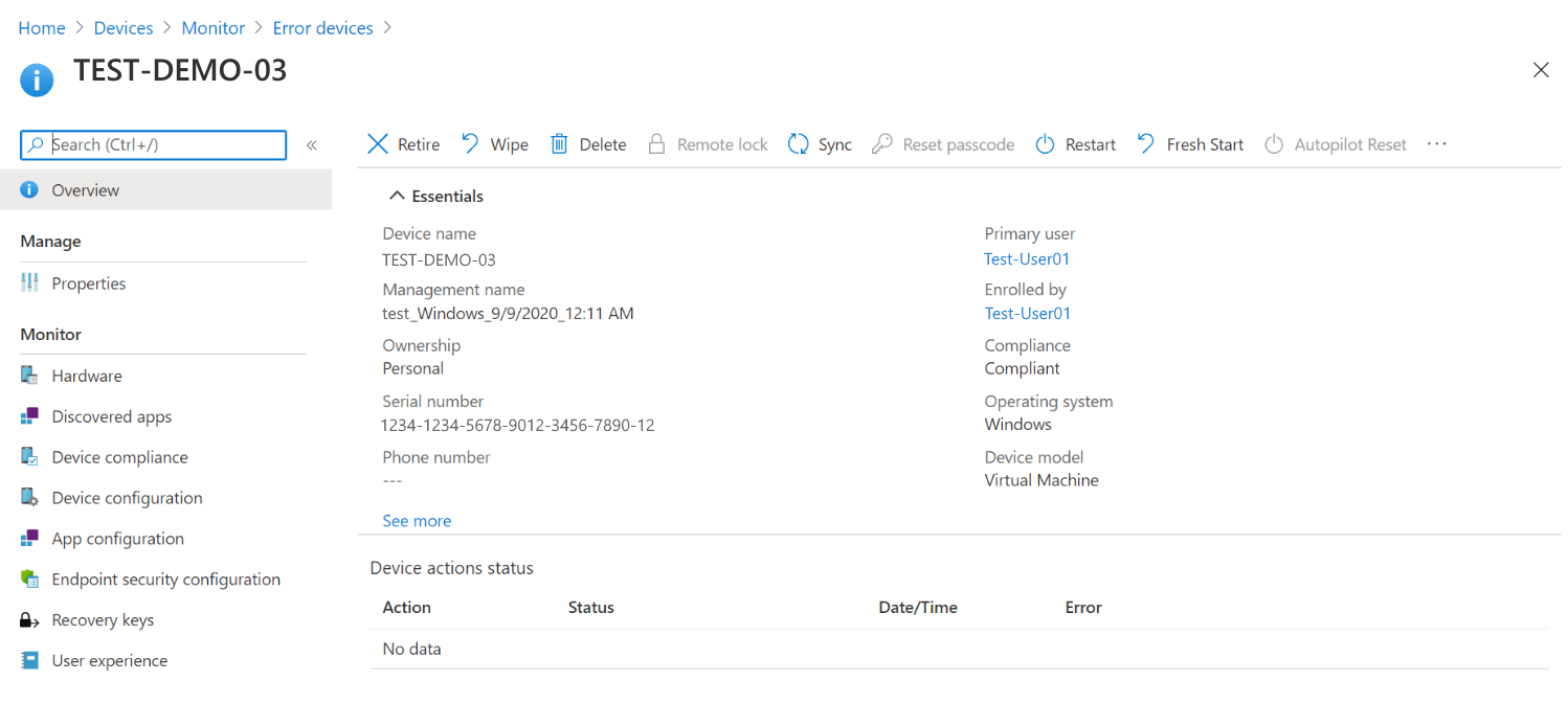 Device details page showing update status, configuration, and alert information.