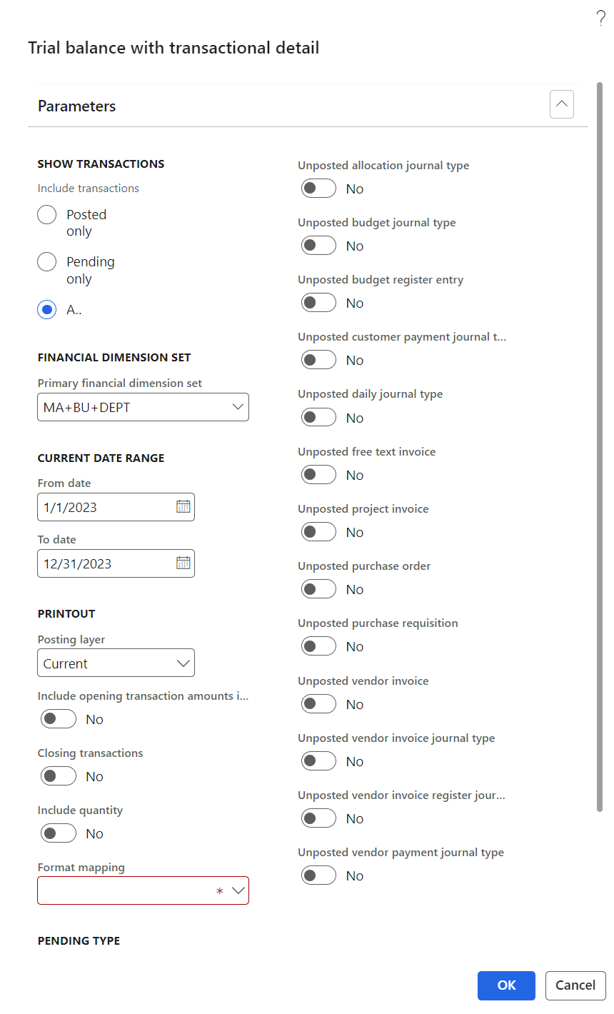 Screenshot of the Trial balance with transactional detail page with report criteria.