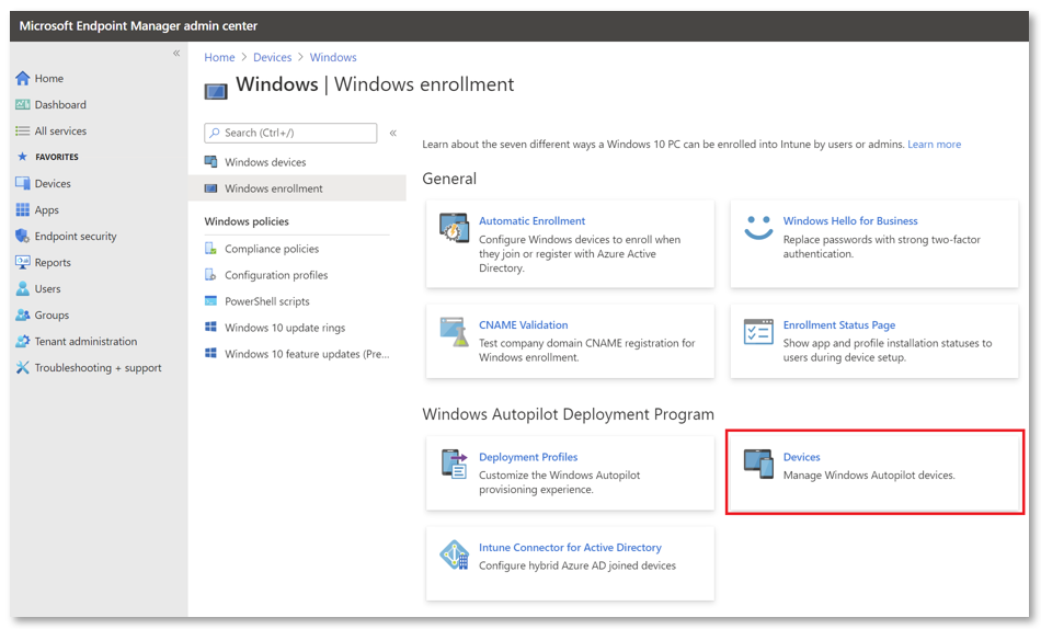 Screenshot of selections in the admin center for importing Windows Autopilot devices.