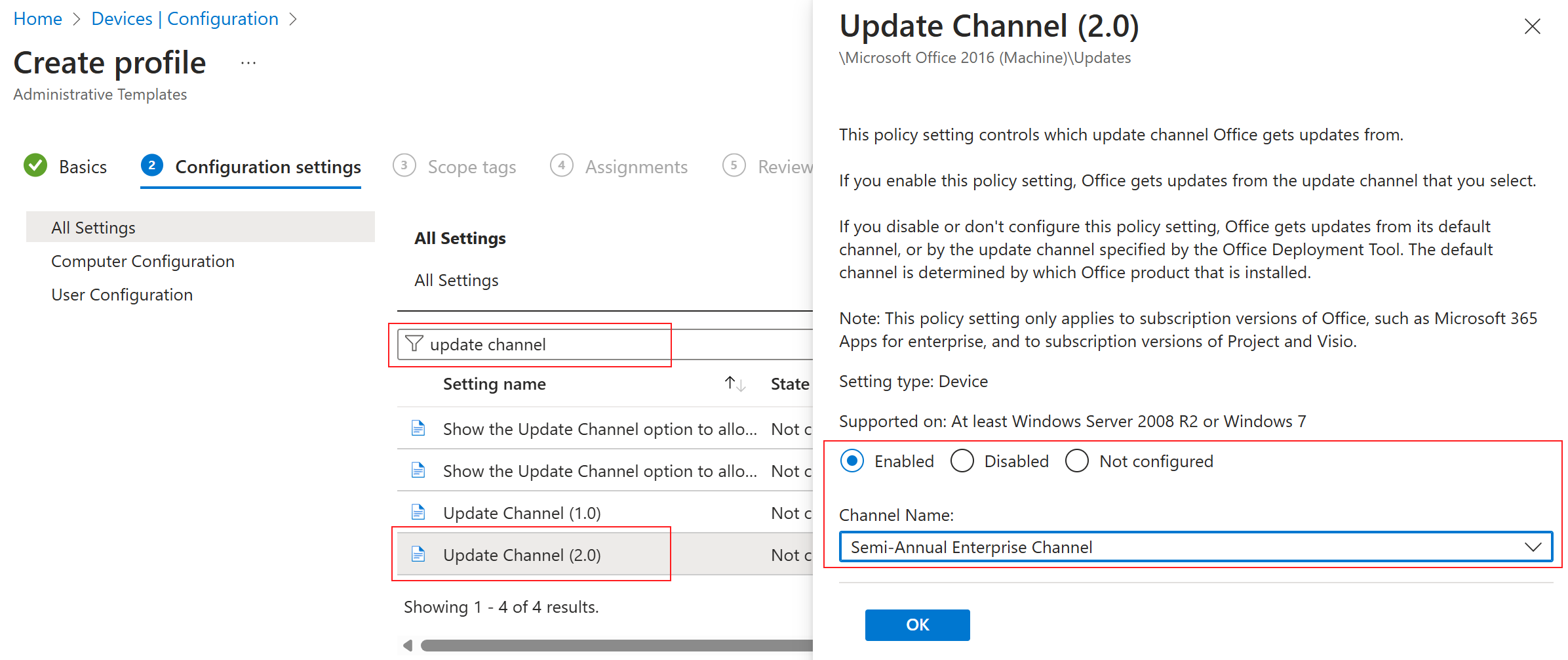 In Microsoft Intune and Intune admin center, create an administrative ADMX template that sets the Update Channel setting for Office.