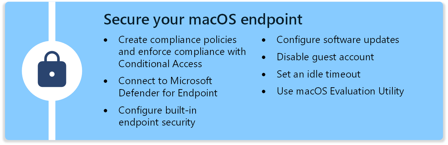 A diagram that lists the steps to secure macOS devices using compliance policies, software updates, and more in Microsoft Intune
