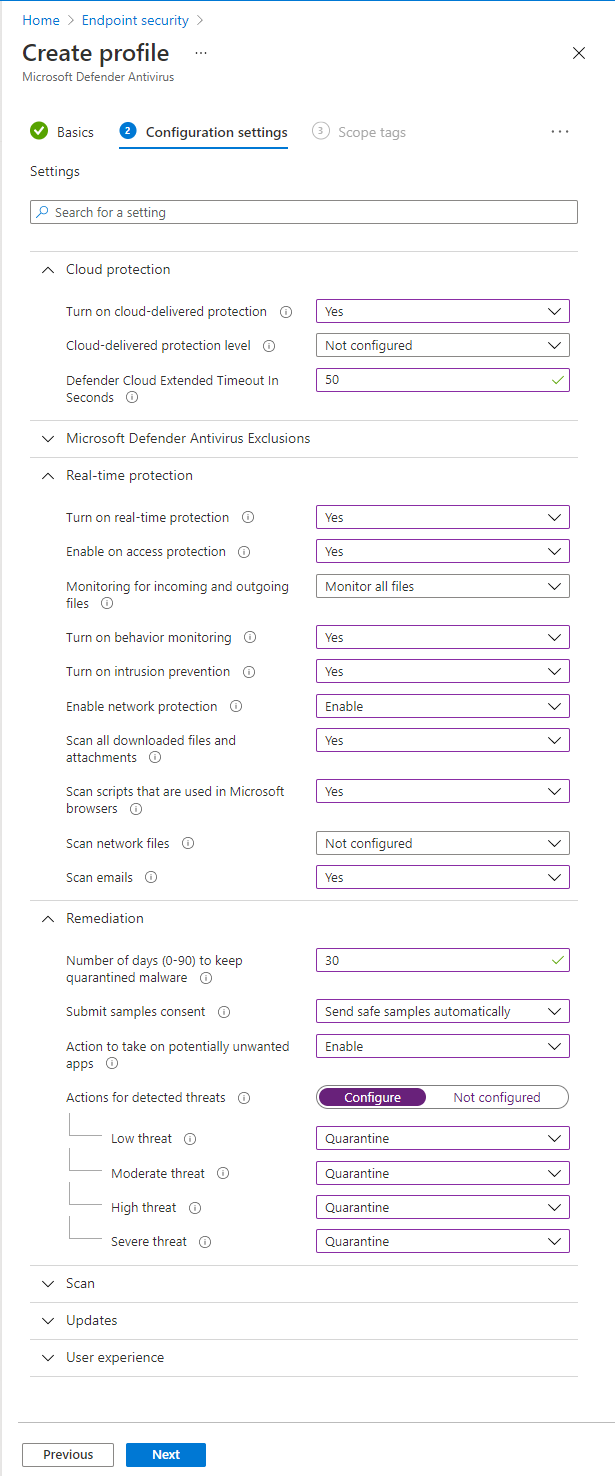 Screenshot that shows an example of a Microsoft Defender Antivirus profile in Microsoft Intune.