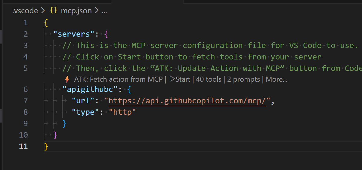 A screenshot of the 'ATK: Fetch action from MCP' and 'Start' buttons in mcp.json