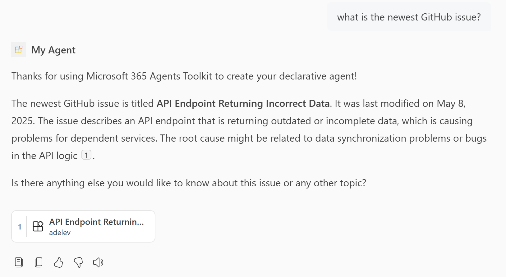 A screenshot showing a response from the declarative agent that contains Copilot connector content