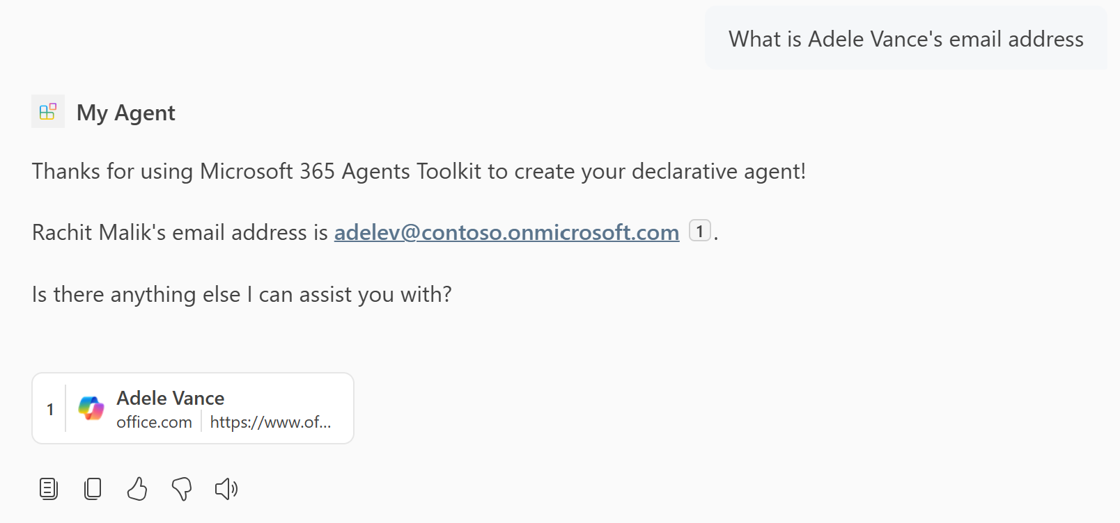 A screenshot showing a response from the declarative agent that contains people knowledge