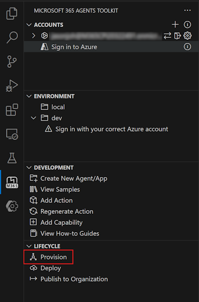 A screenshot of the Provision option in the Lifecycle pane of Agents Toolkit