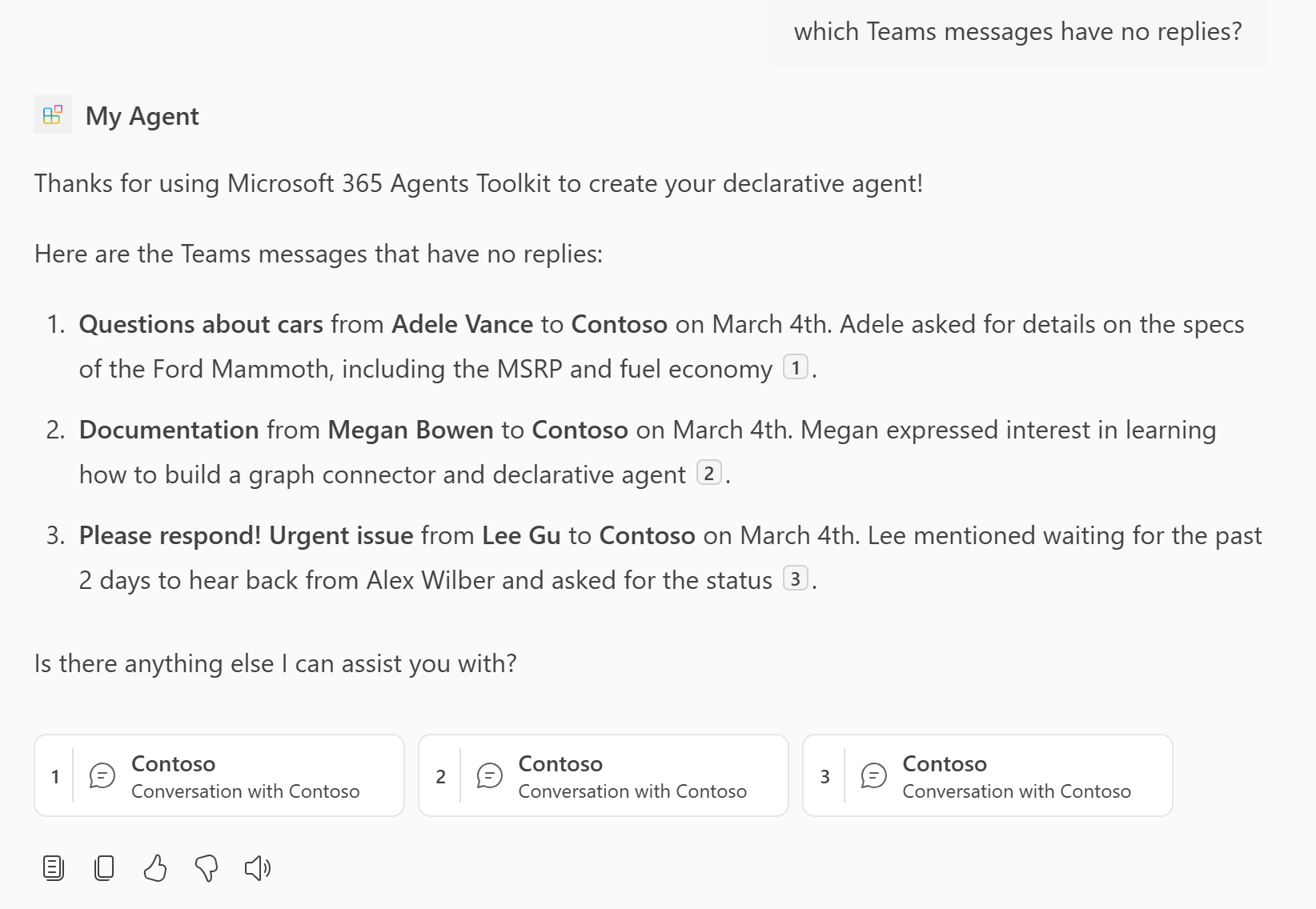 A screenshot showing a response from the declarative agent that contains Teams content