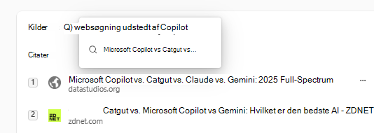Skærmbillede af citater til websøgningsforespørgslen i Microsoft 365 Copilot.