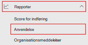 I Microsoft 365 Administration skal du vælge rapporter og derefter vælge forbrug.