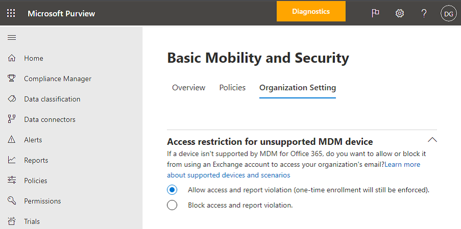Grundlæggende mobilitet og sikkerhed blokere adgangsindstillingen.