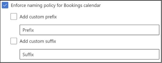 Skærmbillede, der viser, hvordan du aktiverer navngivningspolitikken til at definere et præfiks og suffiks for alle kalendere i din organisation.