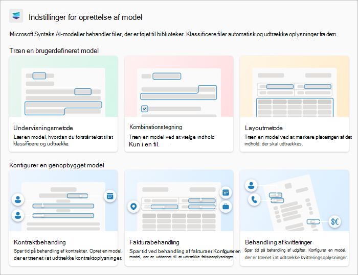 Skærmbillede af siden Indstillinger for modeloprettelse, der viser de brugerdefinerede modeller og færdigbyggede modeller.