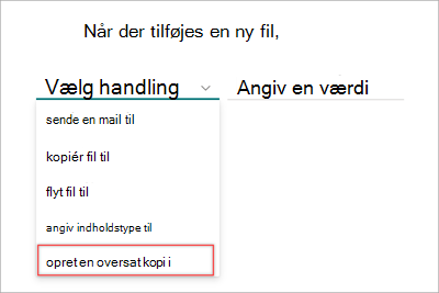 Skærmbillede af siden med regelsætningen, hvor oversættelsesindstillingen er fremhævet.
