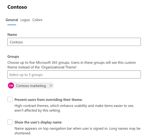 Skærmbillede: Fanen Generelt, der viser standardtemaet for en gruppe brugere i din organisation