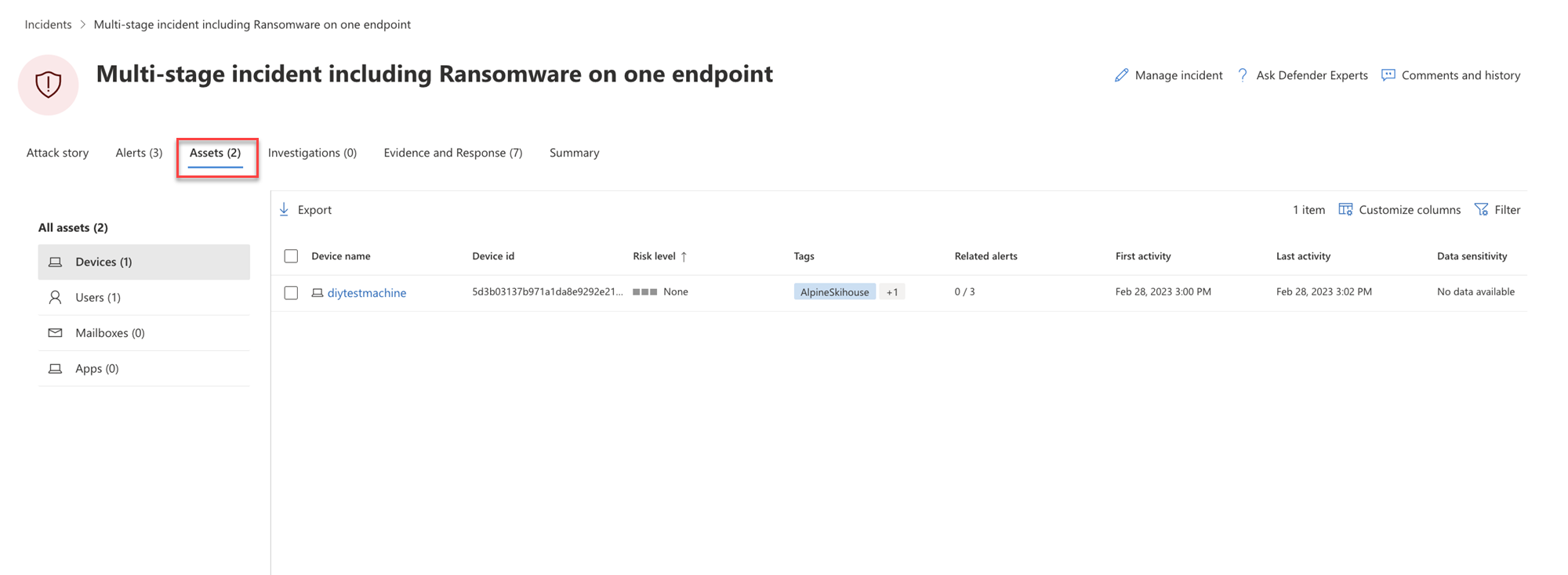 Siden Assets (Aktiver) for en hændelse på portalen Microsoft Defender