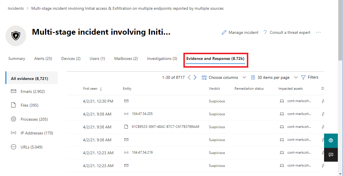 Siden Beviser og svar for en hændelse på Microsoft Defender-portalen