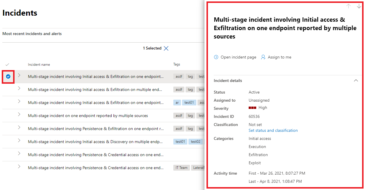 Den rude, der viser oversigtsdetaljerne for en hændelse på Microsoft Defender-portalen.