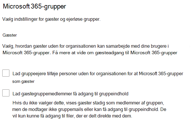 Skærmbillede af Microsoft 365-grupper delingsindstillinger i Microsoft 365 Administration.