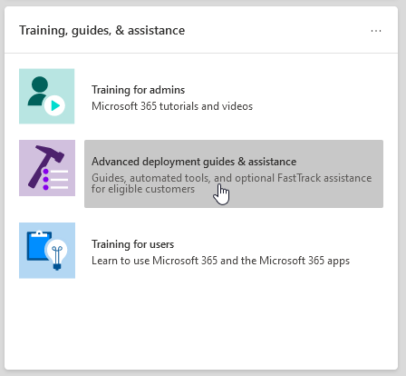 Dette skærmbillede viser kortet med oplæring & hjælpelinjer i Microsoft 365 Administration.