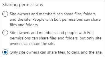 Skærmbillede af indstillinger for deling af tilladelser på et SharePoint-websted, der er angivet til kun ejere.