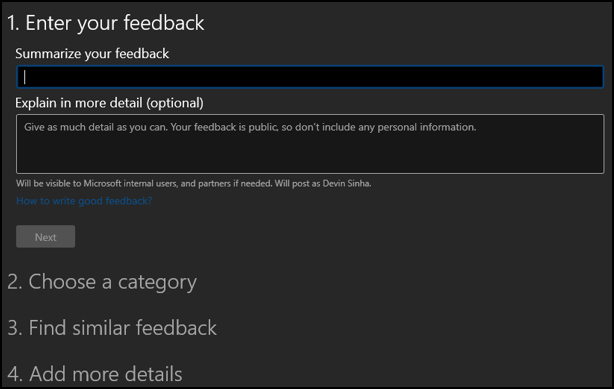 Skærmbillede: Side, hvor du kan angive og opsummere din feedback