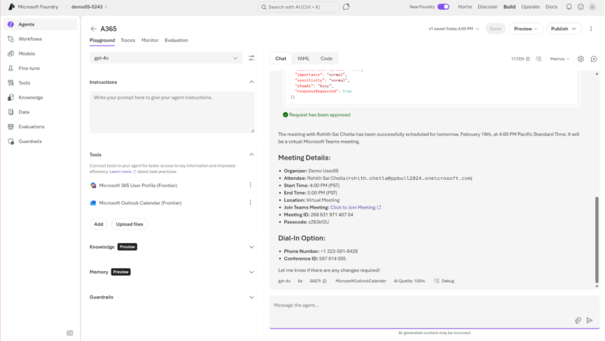 Skærmbillede af resultatet af agentopgaven i Microsoft Foundry.