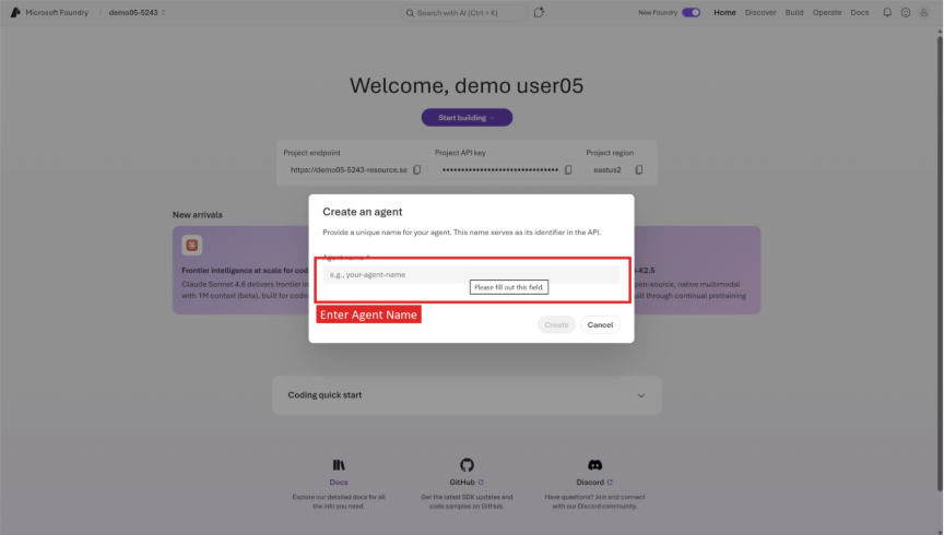 Skærmbillede af dialogboksen til oprettelse af agent i Microsoft Foundry.