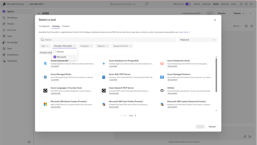 Skærmbillede af værktøjskataloget i Microsoft Foundry.