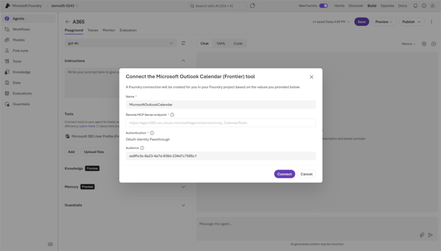 Skærmbillede af dialogboksen med værktøjsforbindelsen i Copilot Studio.