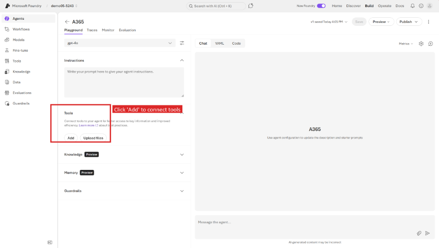 Skærmbillede af siden til konfiguration af agent i Microsoft Foundry.