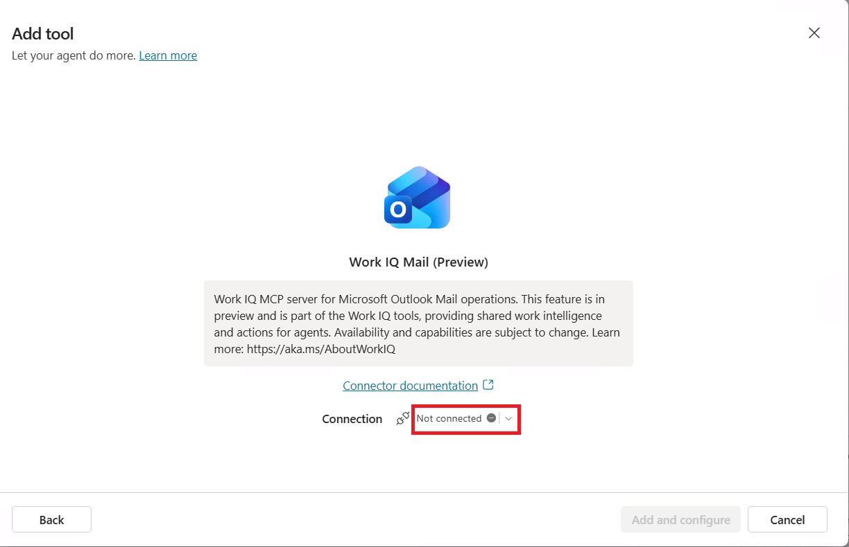 Skærmbillede af Work IQ Mail MCP-server i Copilot Studio.