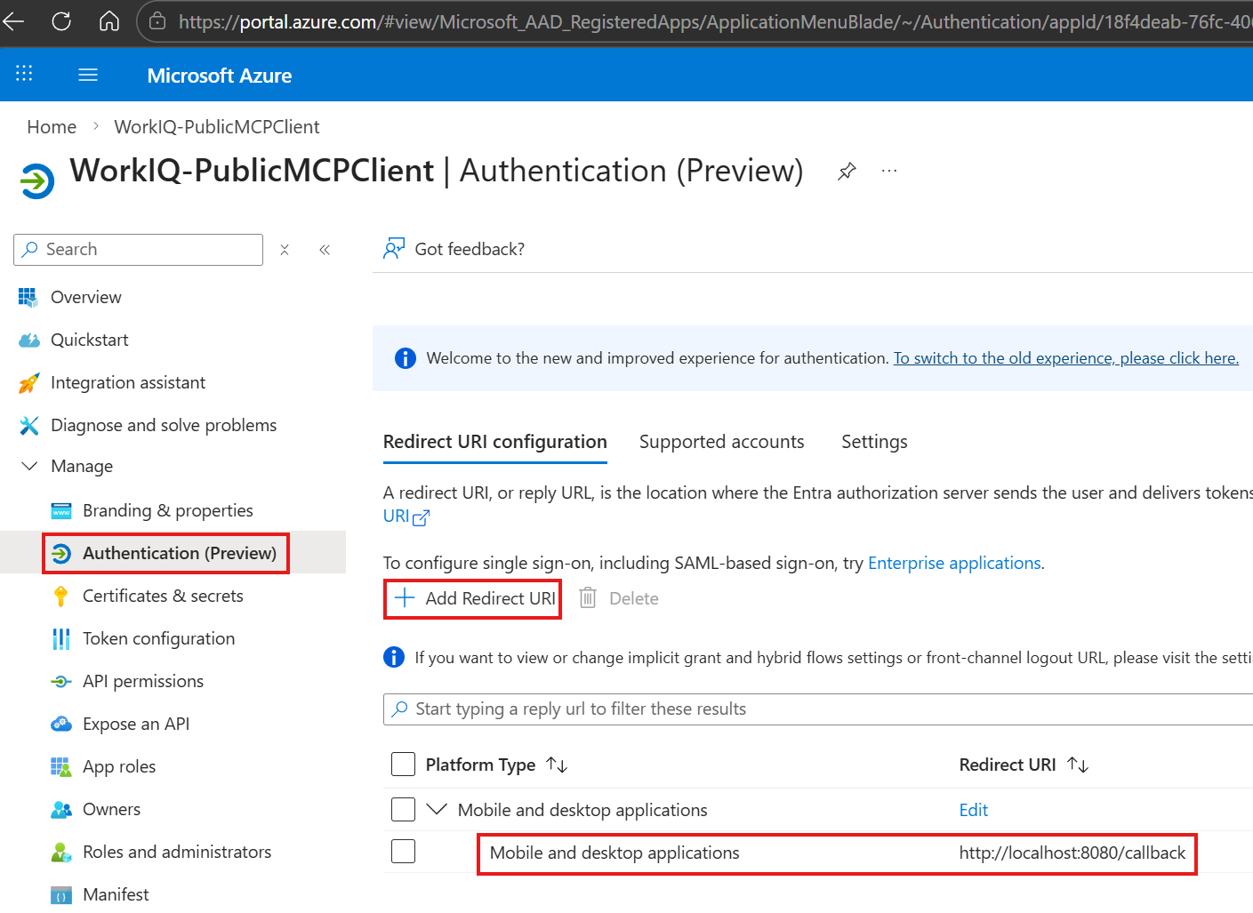 Skærmbillede af godkendelsessiden, der viser omdirigerings-URI-konfigurationen i Microsoft Entra-administrationscenter.