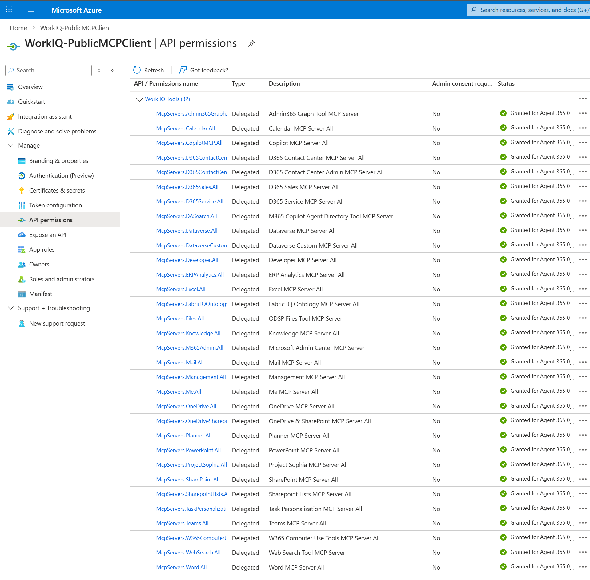 Skærmbillede af en Microsoft Azure-tilladelsesside med forskellige API-tilladelser, herunder WorkIQ-PublicMCPClient, Copilot MCP Server, D365 Contact Center og D365 Service, hver med deres respektive statusser og beskrivelser.