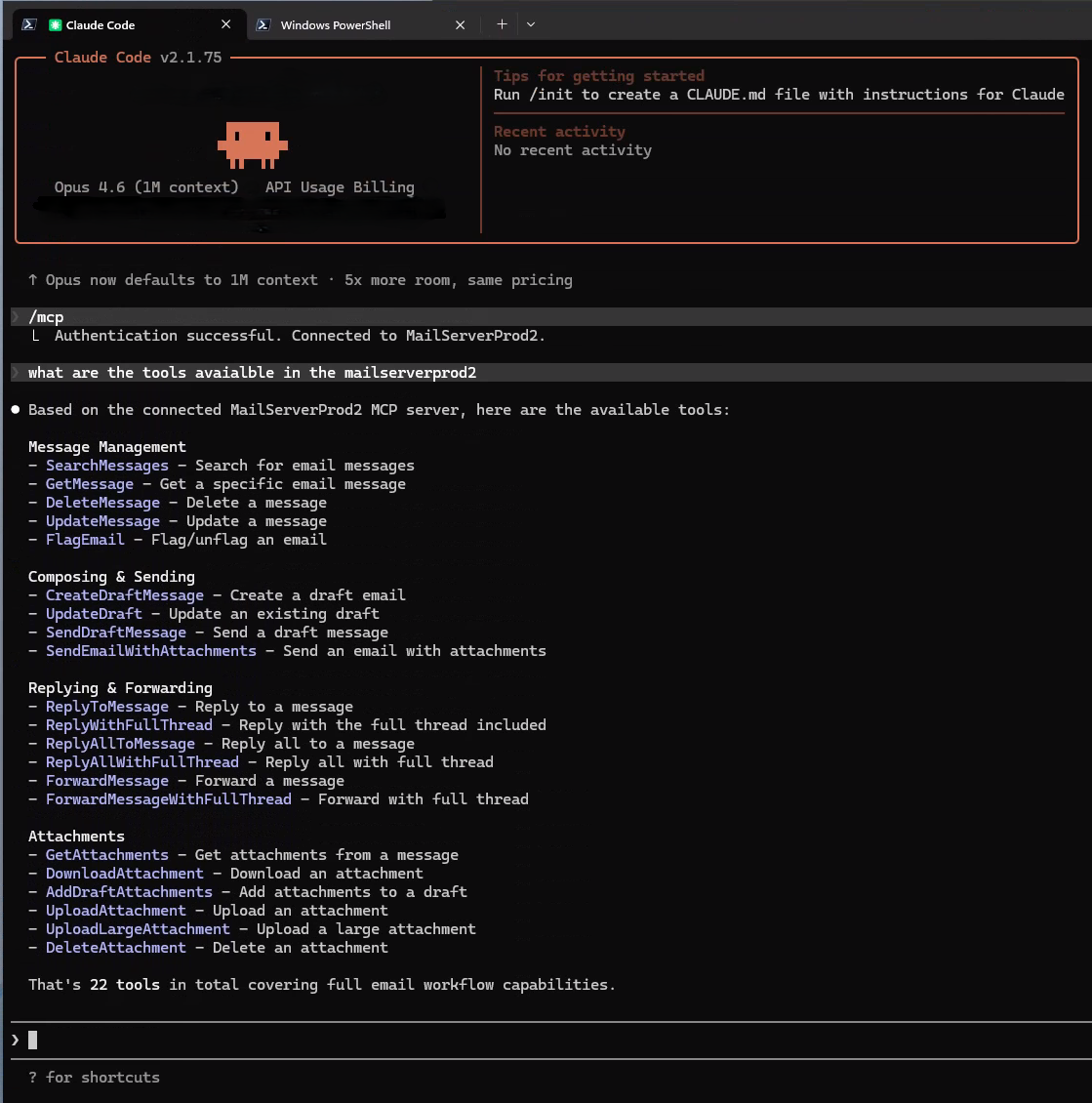 Skærmbillede af et PowerShell-scriptvindue med forskellige kommandoer relateret til Work IQ Mail MCP-serveren.