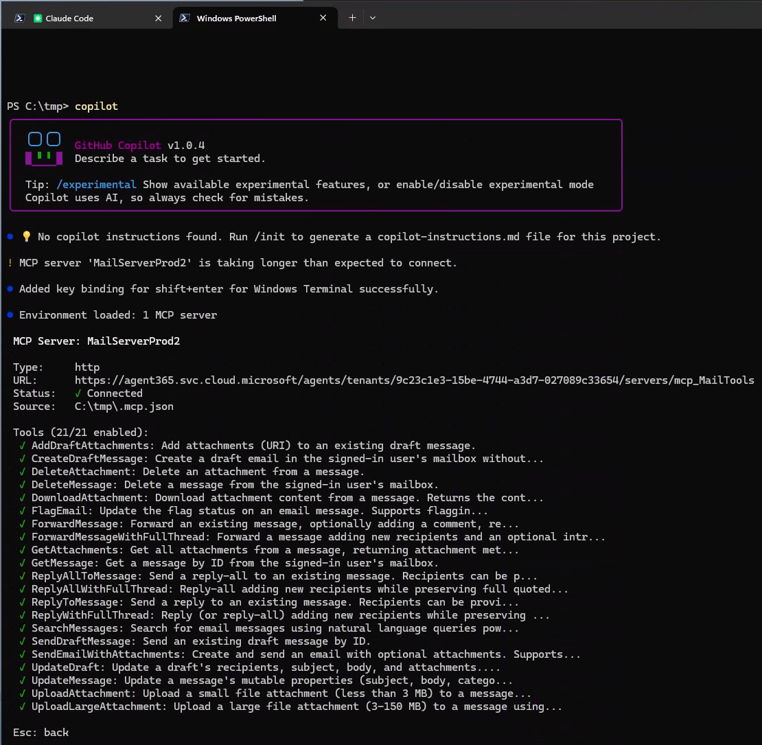 Skærmbillede af en Windows PowerShell-konsolsession, hvor GitHub Copilot CLI bruges til at interagere med MCP-serveren.