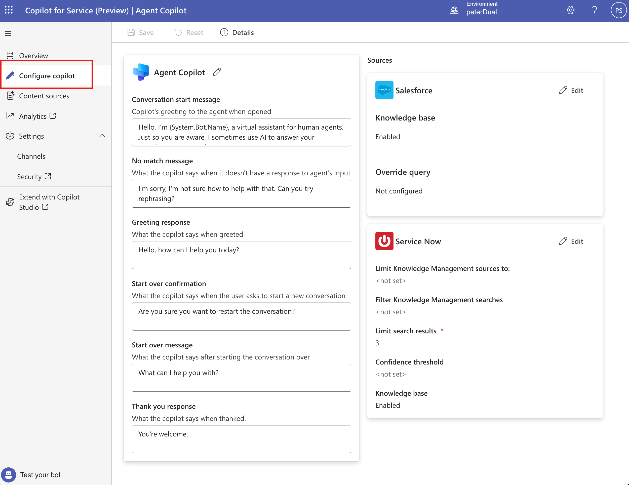 Skærmbillede, der viser siden Konfigurer Copilot valgt fra menupunktet Konfigurer Copilot.