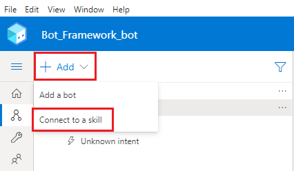 Skærmbillede af Bot Framework Composer, der viser, hvordan du opretter forbindelse mellem en Bot Framework-robot og en færdighed.