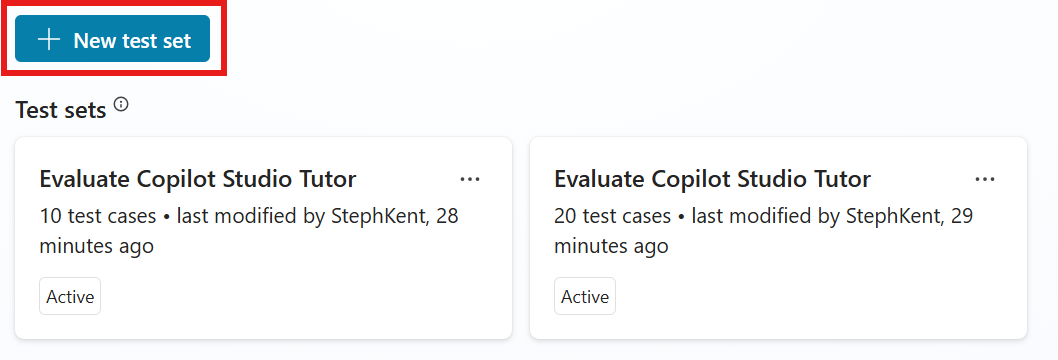 Skærmbillede, der viser knappen Opret ny test på Evalueringssiden.