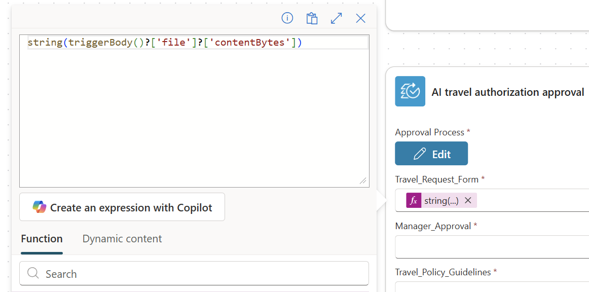 Skærmbillede, der viser, hvordan du anvender strengfunktionen fra PowerFX til at konvertere filer til base64-format.