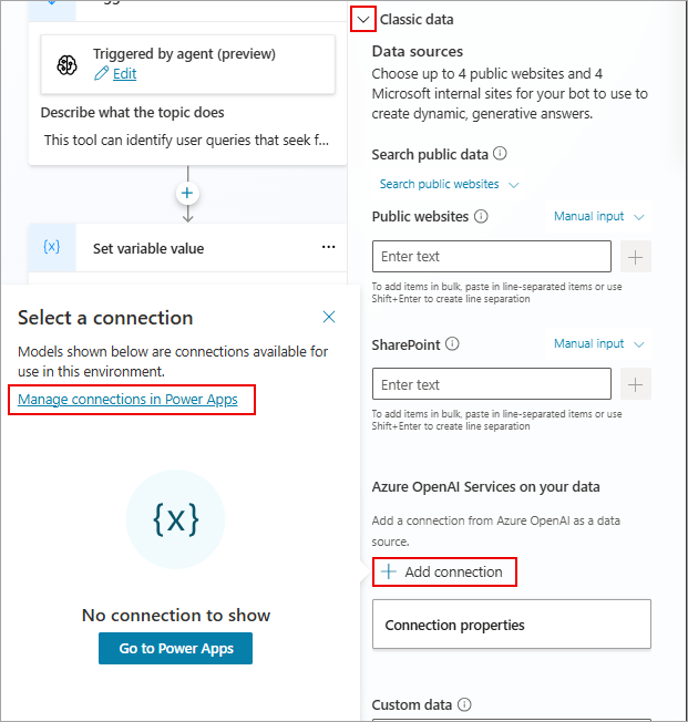 Skærmbillede, der viser link til Power Apps-løsningen for Azure OpenAI-tjenester.