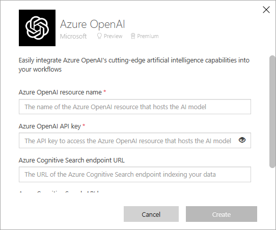 Skærmbillede, der viser dialogboksen med forbindelsesegenskaber for din Azure OpenAI-installation.