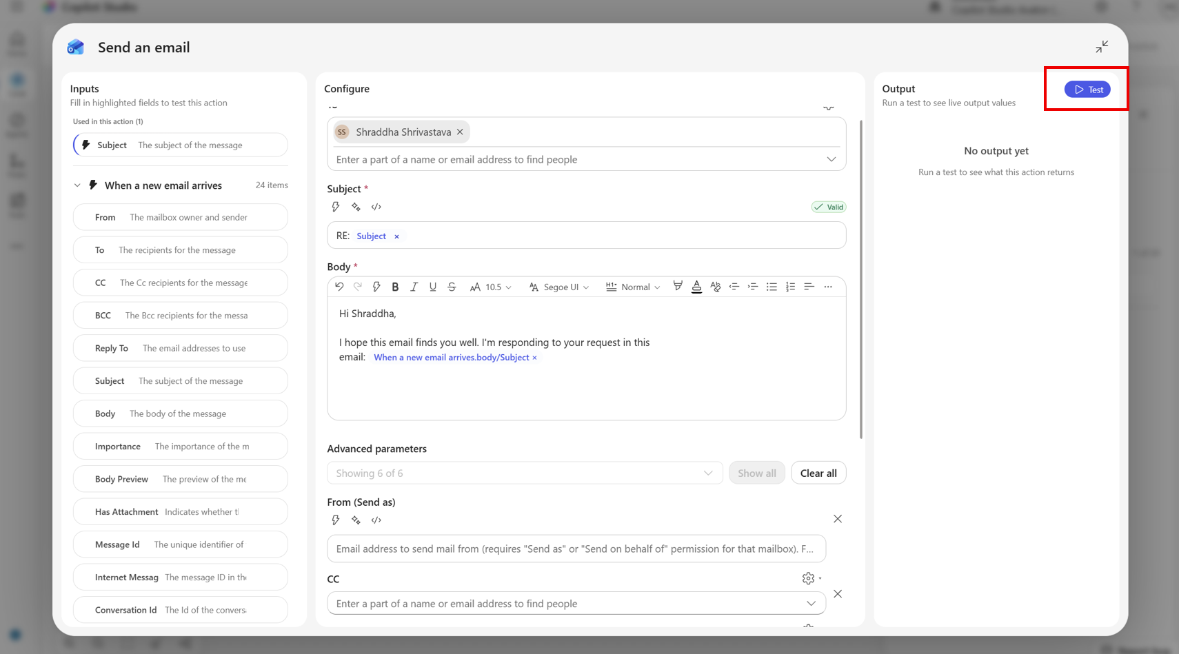 Skærmbillede af nodetestpanelet, der viser sektionerne Input, Konfigurer og Output med knappen Test fremhævet.