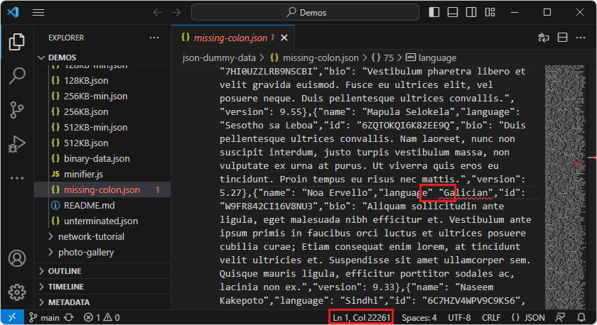 Viewing the malformed JSON by column number in VS Code