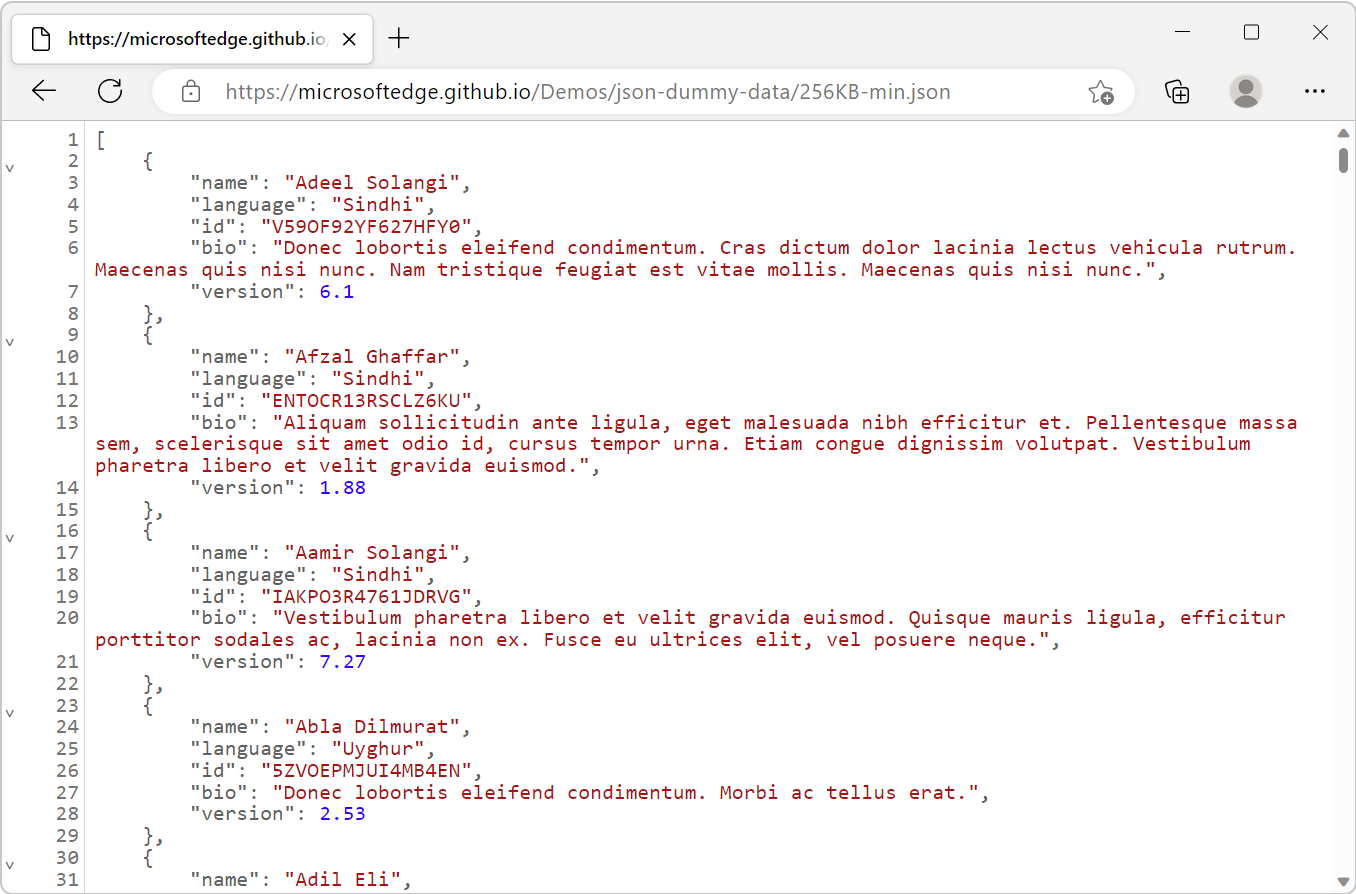 JSON data returned by a web server, formatted and syntax-highlighted by the JSON viewer